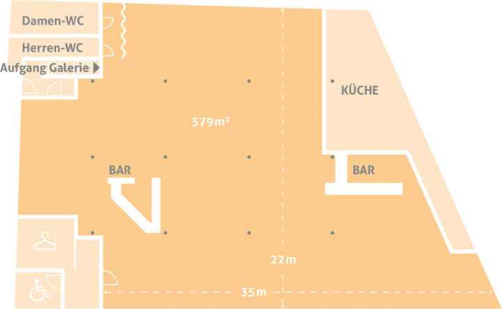 Die Große Halle ist mit Empfangstresen, Garderobe, zwei Bars, Bestuhlung und Tischen, Bühne, Licht-, Ton- und Videotechnik sowie Profiküche großzügig ausgestattet. In der Galerie finden sich Küchenzeile, Bestuhlung und Tische, Licht-, Ton- und Videotechnik und separat nutzbare sanitäre Anlagen.